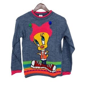 Vintage Vibrant Tweety Bird Looney Tunes Crew Neck Sweater With Baubles Medium